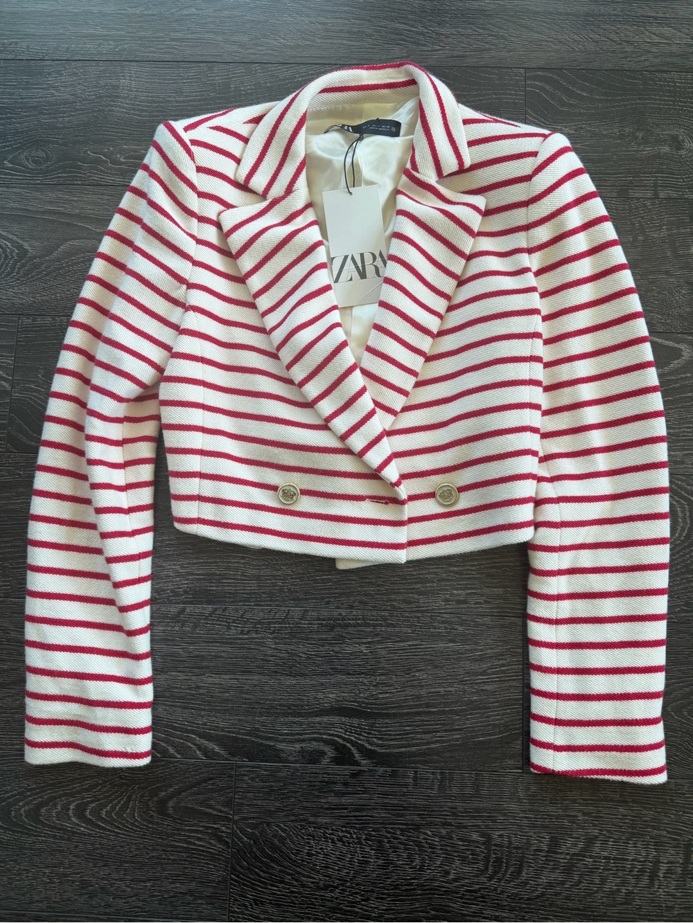 Zara Red and White Striped Cropped Blazer